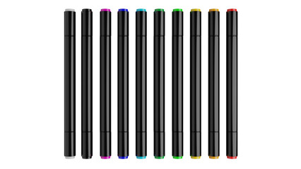 Set of colorful double side markers with caps isolated on transparent and white background. Art concept. 3D render