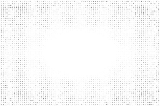 Gray digital data matrix of binary code numbers isolated on a white transparent background with a space for text in the middle. Technology, coding, or big data concept. Vector illustration