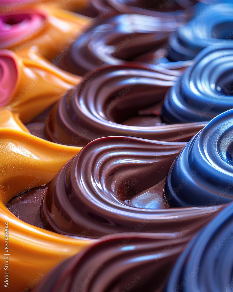 Poster a row of colorful chocolate candies with a blue one in the middle. the candies are arranged in a spi