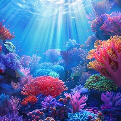 A colorful underwater scene with many different types of coral and fish. Scene is bright and lively, with the sun shining down on the ocean and the vibrant colors of the coral and fish