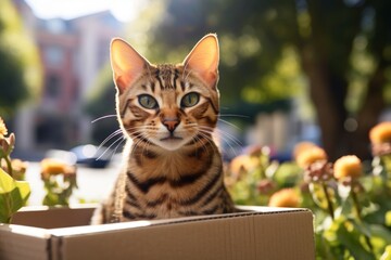 Portrait of a smiling ocicat cat isolated in vibrant city park