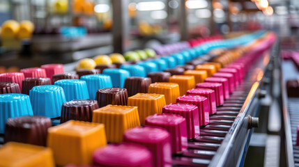 Fototapeta premium A conveyor belt with a variety of colorful candies. The candies are in different shapes and sizes, and they are all lined up in a row. Concept of abundance and variety
