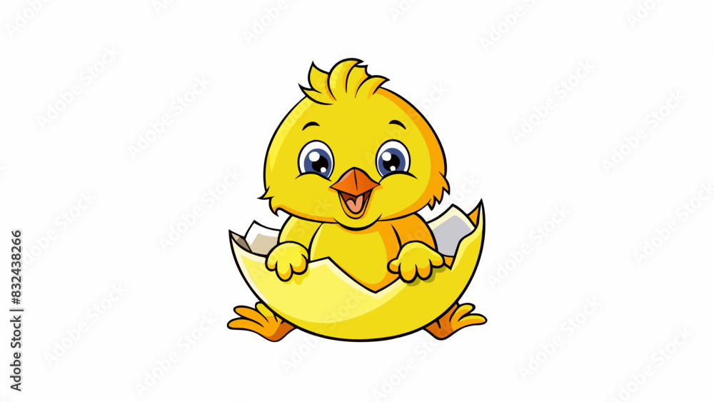 Poster A baby chick hatching from its egg using its beak to break through the shell. Its fluffy yellow feathers peek out as it emerges wobbling on unsteady. Cartoon Vector.