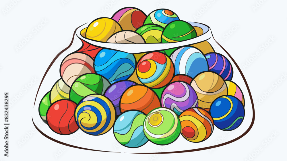 Aufkleber A bag of assorted marbles each with a unique swirl of colors creating a vibrant mix of patterns.. Cartoon Vector.