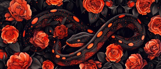 a black snace with red spots surrounded by roses