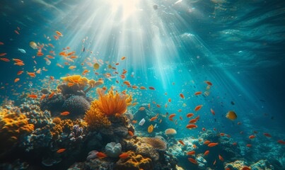 underwater paradise with coral reefs teeming with colorful fish, sunbeams piercing through the water