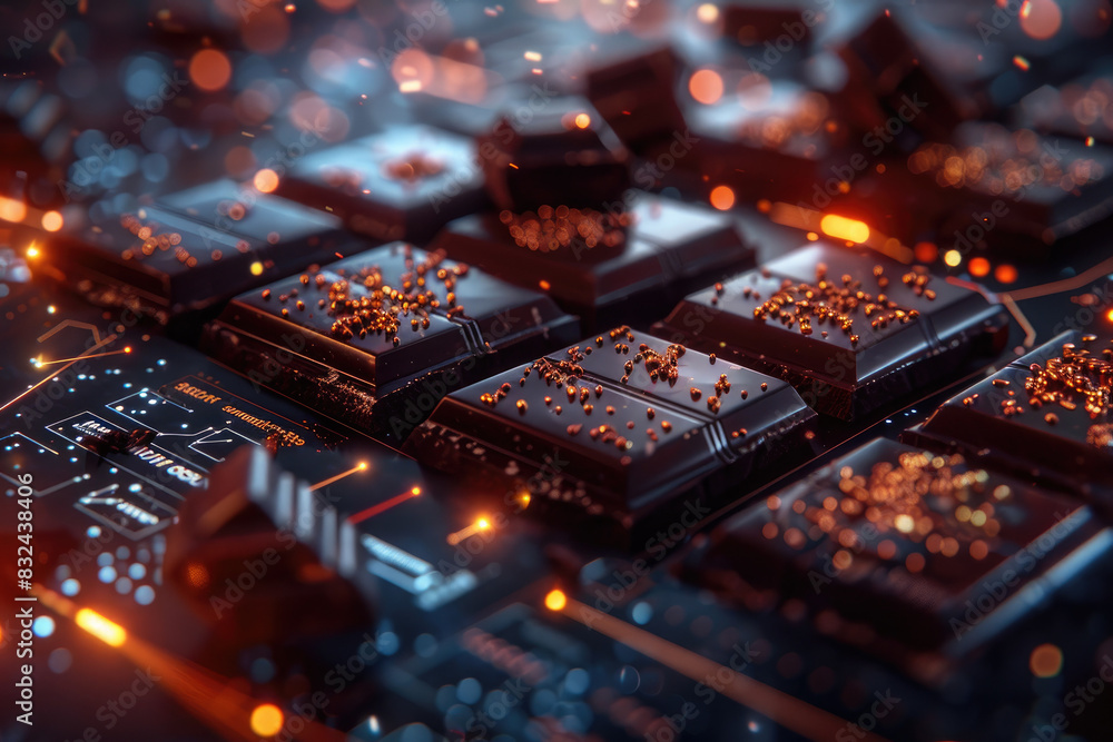 Poster a close up of a computer chip with a lot of black and orange. the image has a futuristic feel to it