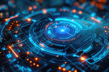 A blue and orange computer screen with a blue circle in the middle