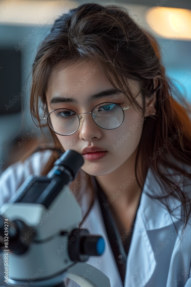 Poster scientist in lab coat examining samples with microscope in advanced laboratory setting