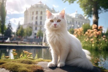 Portrait of a happy turkish angora cat in vibrant city park