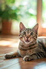 A beautiful cute tabby cat is lying on the wooden floor and looking with big eye