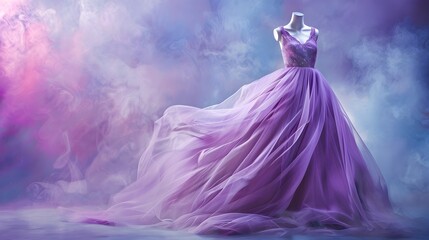 Dreamy Purple Ball Gown with Flowing Fabric on Mannequin in Misty Setting