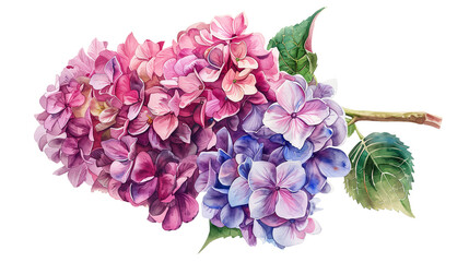 Fototapeta premium A beautiful pink hydrangea flower and branch in watercolor painting style on a transparent background. Isolated of botanical flowers and leaves for decoration elements in vivid colors.