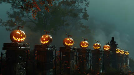 Jack-O-Lanterns on Stone Pillars in Foggy Night