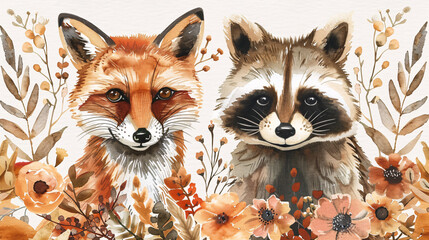 Fototapeta premium Bohemian-style watercolor of a fox and owl in a woodland setting, ideal for nursery prints