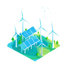  vector of wind turbines and solar panels in a lush landscape, demonstrating the benefits of renewable energy sources.