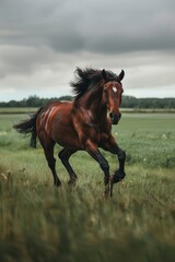 A brown horse with a black mane and tail galloping across the grassland, The background is a wide green field under an overcast sky