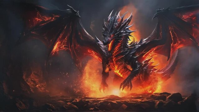 Fiery dragon perched on molten rock, wings ablaze in a mystical fantasy setting.