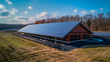 Obraz premium A modern building utilizes solar panels covering its entire roof, showcasing sustainable energy solutions.