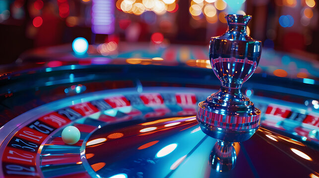 A roulette wheel spins in a casino, the ball bouncing as colorful lights blur in the background, creating an exciting atmosphere.