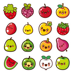 Fototapeta premium Kawaii fruits set sticker sheet isolated on transparent background , 2d kiwi, pear, apple, cherry, melon, lemon, plum, grapes, orange, avocado, illustration, contour, simple. PNG cut out