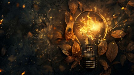 Glowing light bulb with golden leaves inside for eco-friendly or nature inspired designs