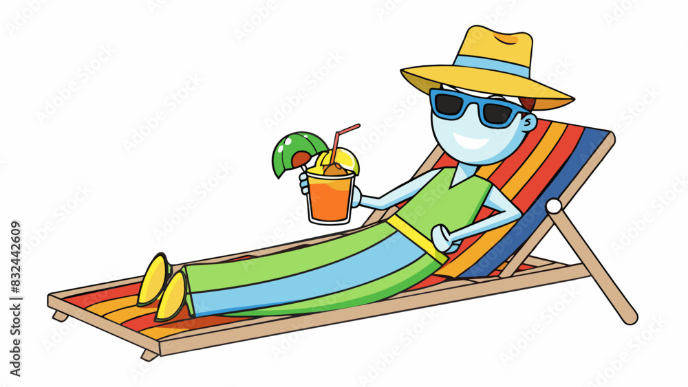 Poster a passenger on a cruise ship lounging on a deck chair with a colorful beach towel and a fruity drink