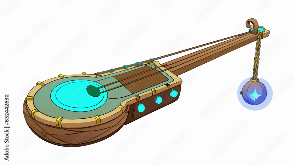 Poster A peculiar instrument with an oddlyshaped body and strings that seem to glow in the dark is said to possess mystical powers when played under a full. Cartoon Vector.