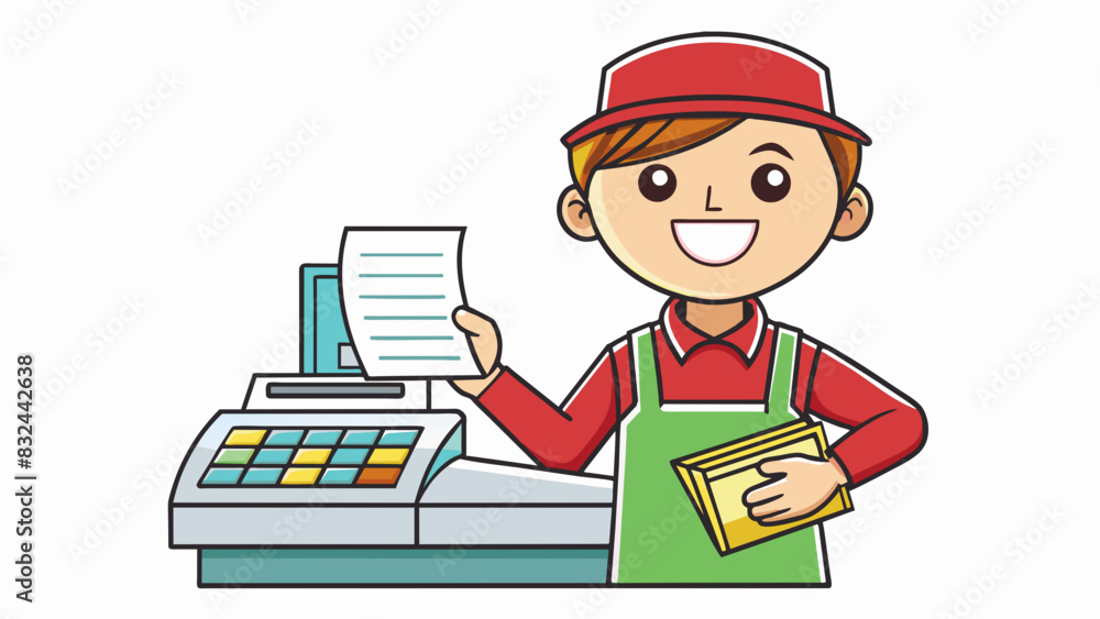 Poster a person holding up a receipt and smiling confirming their purchase at a cash register.. cartoon vec