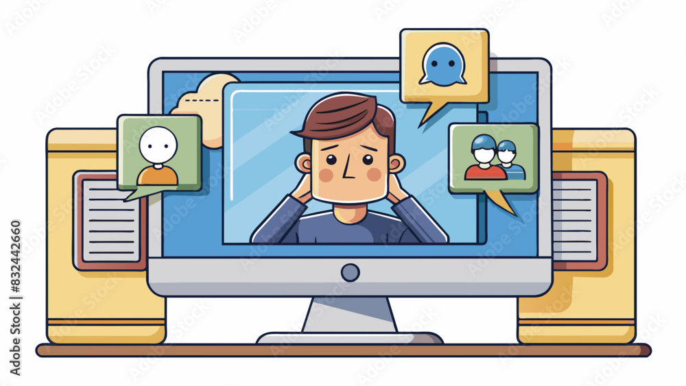 Poster A person hiding behind a computer screen sending hurtful messages and spreading rumors about others to their classmates.. Cartoon Vector.