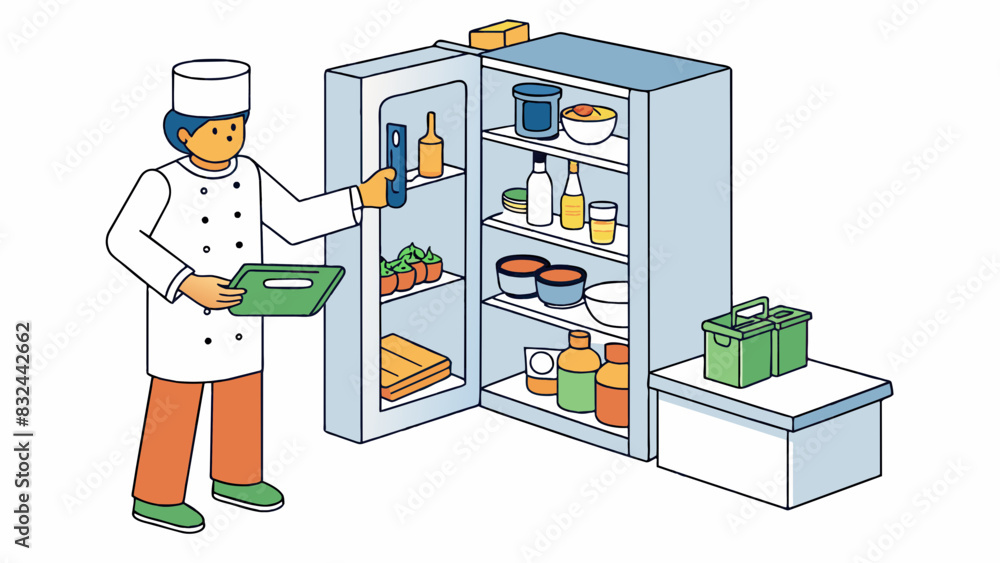 Poster a person cooking in the kitchen looking through their pantry and fridge to find ingredients and then