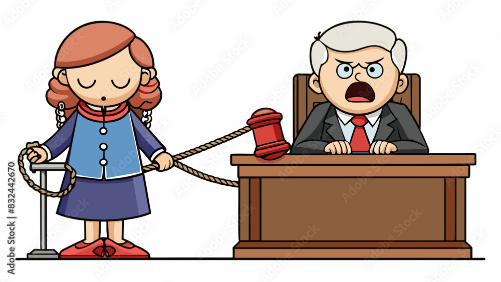 Poster a person standing in front of a judges bench their hands bound together with a thick rope. the judge