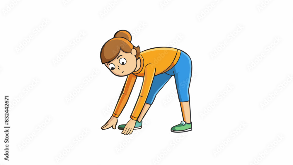 Poster a person doing a standing forward bend stretching their arms and fingertips towards the ground as fa