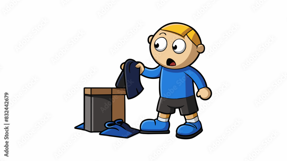 Poster a person putting on two different colored socks in the morning rush. characteristic the socks were b