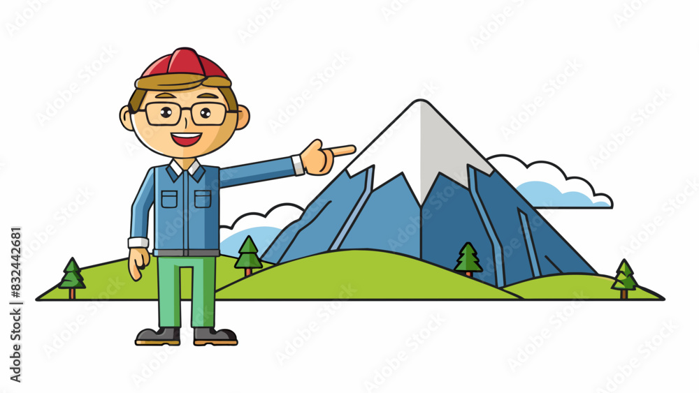 Poster A person pointing to a distant mountain showing the physical space between them and the mountain.. Cartoon Vector.