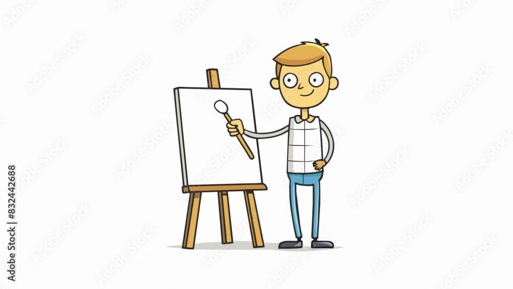 Poster A person standing in front of a blank canvas paintbrush in hand deep in thought. Their scribbles and sketches on the canvas show their process of. Cartoon Vector.