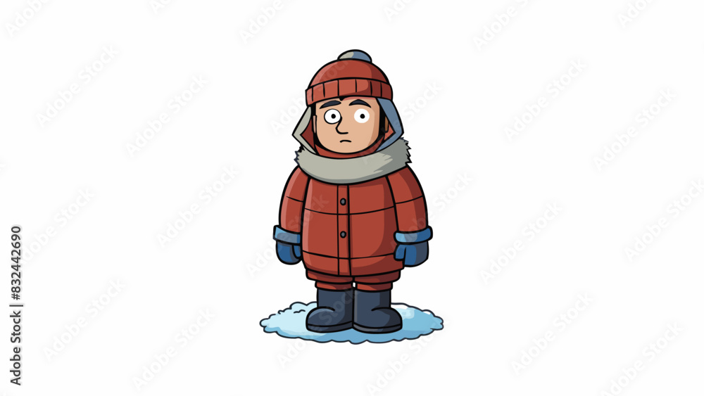 Poster a person lost in a blizzard wearing a thick coat gloves and a hat to protect them from the harsh ele