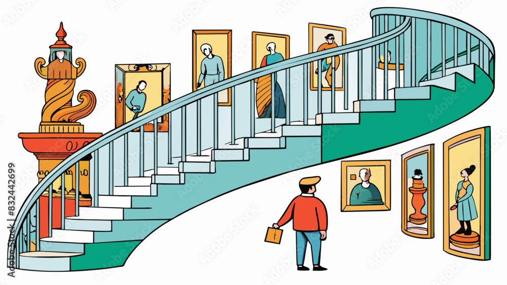 Poster a person slowly makes their way up a spiraling staircase surrounded by paintings and sculptures on t