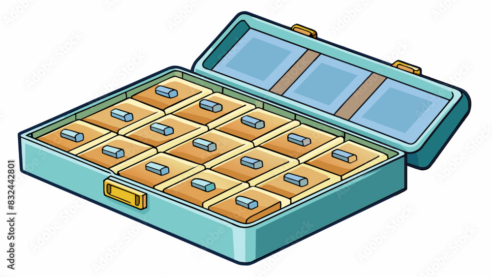 Poster A pillbox organizer with multiple compartments and a locking mechanism. Ideal for helping individuals with memory issues to keep track of their daily. Cartoon Vector.