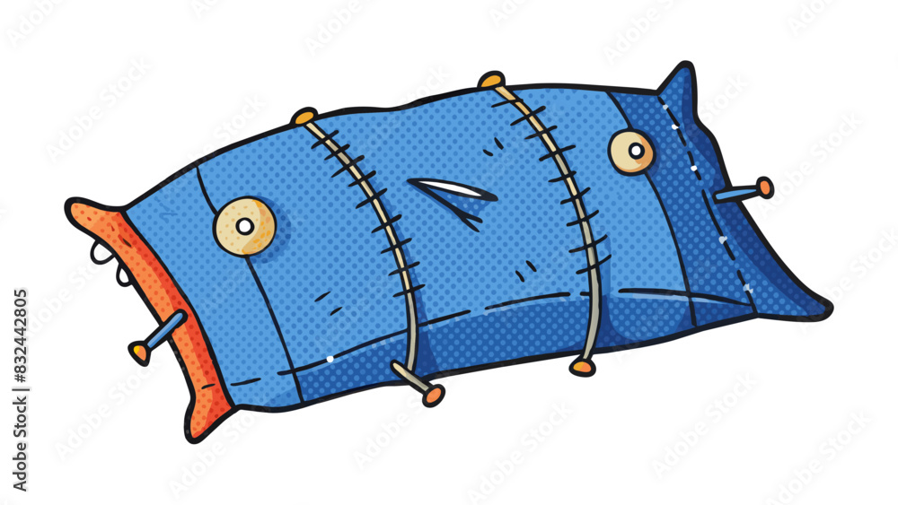 Sticker A piece of torn denim fabric patched together with mismatched patterns and held by safety pins used as a makeshift pillow by a traveler on a long. Cartoon Vector.