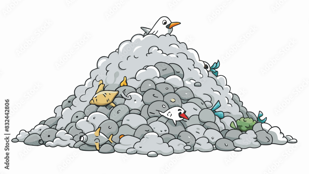 Poster A pile of waste left behind by a flock of seagulls tered with bits of trash and fish scales. The color ranges from white to grey and it has a slimy. Cartoon Vector.