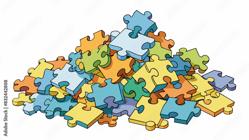 Aufkleber A pile of tered puzzle pieces jumbled and disorganized with a feeling of chaotic uncertainty lingering over it.. Cartoon Vector.