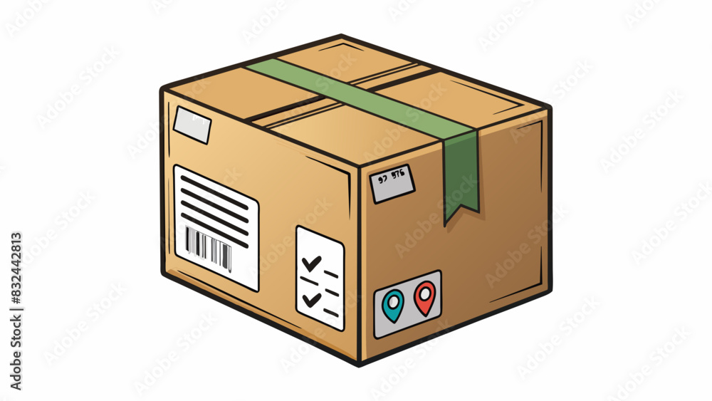 Aufkleber A plain cardboard box with a shipping label and tape marks highlighting the weight of the package and the destination address.. Cartoon Vector.