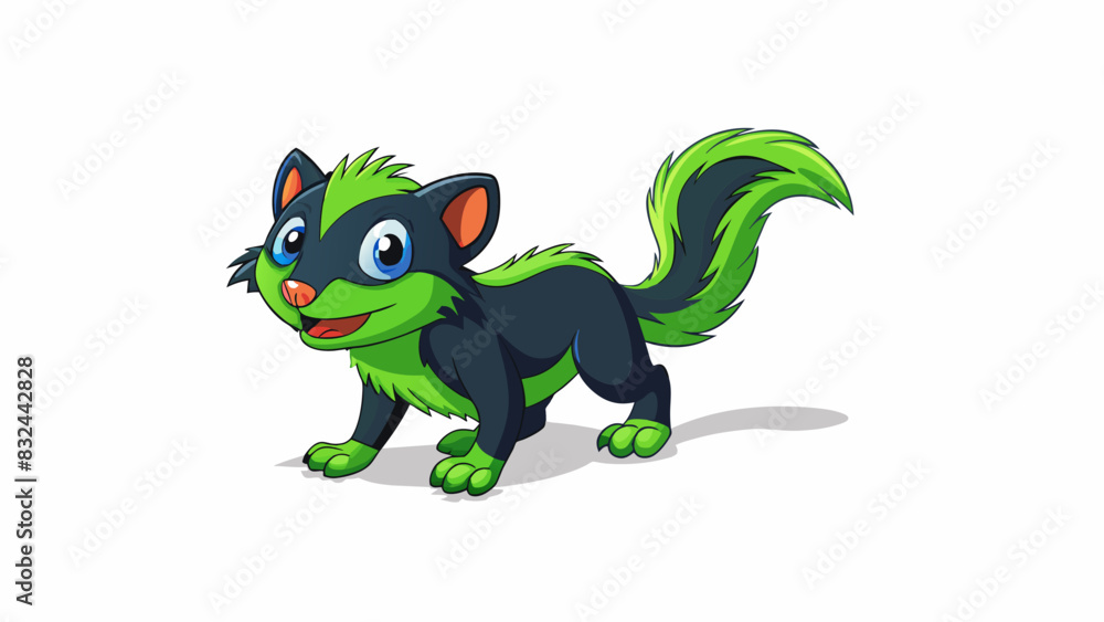 Poster a playful energetic creature with sleek black fur and a long bushy tail. it has bright green eyes an