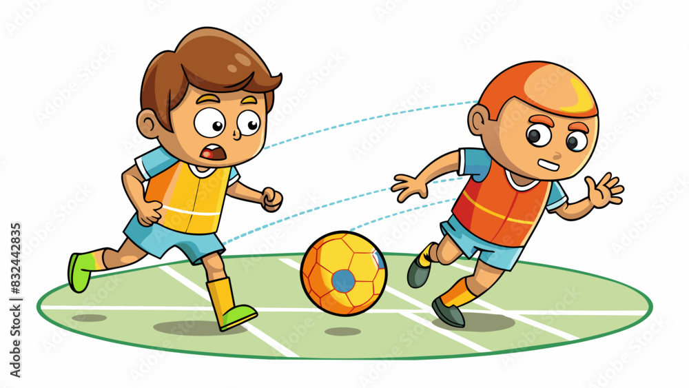 Poster a player skillfully kicks the ball high into the air where it is met by another player who heads it 