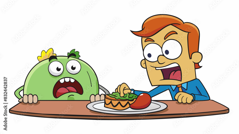 Aufkleber A plate of food being picked at and rejected by a picky eater who rolls their eyes and grimaces at each bite.. Cartoon Vector.