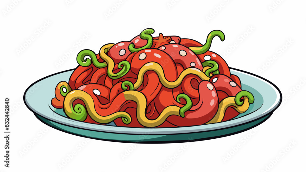 Aufkleber A plate of exoticlooking food with an unappetizing smell emanating from it. The dish consists of slimy wriggling tentacles and unknown meats making it. Cartoon Vector.