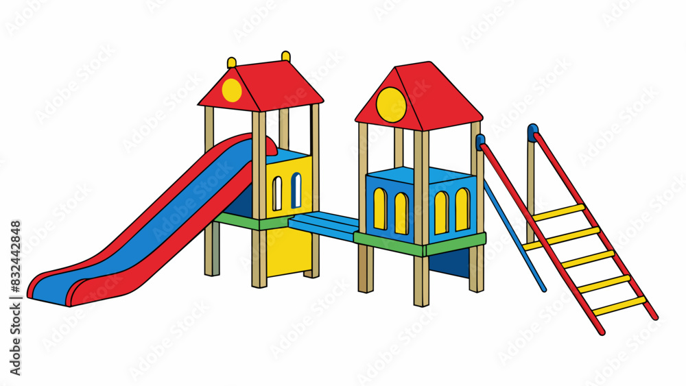 Poster a playful primarycolored childrens playground with a bright yellow slide a red swing set and a blue 