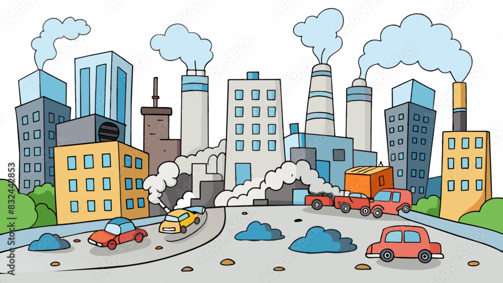 Sticker A polluted cityscape with tall buildings and a thick layer of smog covering the sky. The air is thick and heavy and the streets are littered with. Cartoon Vector.