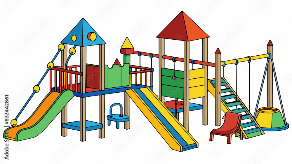 Poster A playground with different types of swings slides and climbing structures is onto as children of all ages can find soing they can play with and. Cartoon Vector.